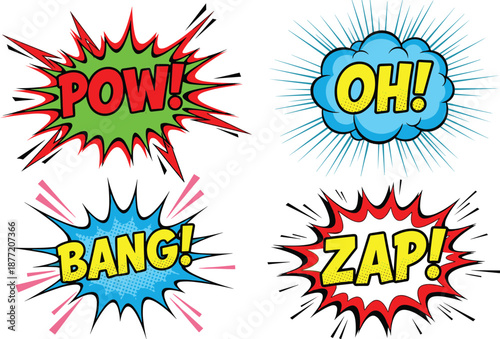 Comic sound effect illustration, colorful pop art design, retro cartoon style, POW OH BANG ZAP text, dynamic action graphics