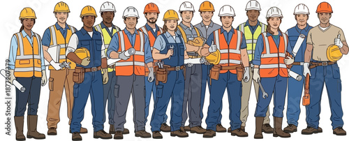 A diverse group of male and female construction workers standing together, wearing hard hats and safety vests, representing a skilled workforce in the building industry.