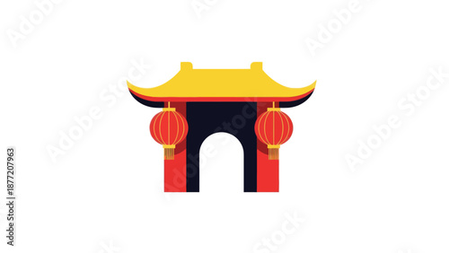 Traditional Chinese Gate with Lanterns - Flat Design