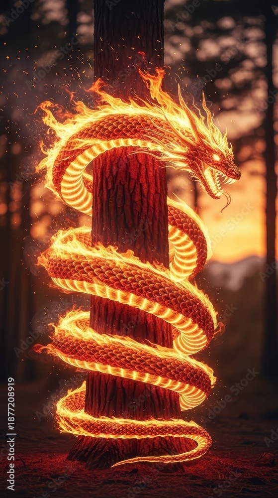 Obraz premium Luminous serpentine creature entwined around a vertical tree trunk bathed in twilight glow