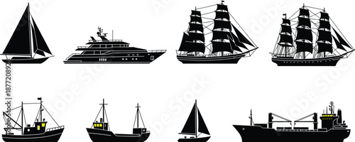 Silhouettes of boats and ships including sailboat, yacht, cargo vessel, fishing boat, maritime transport