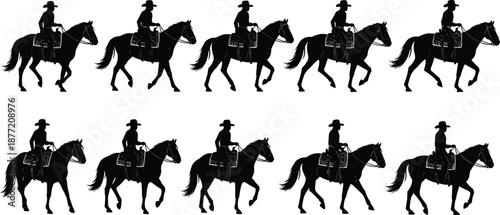 Silhouettes of horse riders in cowboy hats, walking poses, western theme, repeated pattern for counting or design use