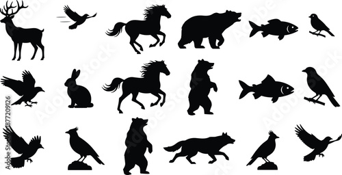 Wildlife silhouette collection featuring deer, birds, rabbits, bears, horses, wolves, and fish in varied natural poses