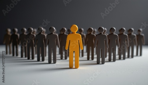 Unique Yellow Figure Among Dark Characters Representing Individuality and Distinction in a Crowd Setting