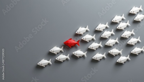 Wallpaper Mural Red fish leads white fish in a unique representation of individuality and leadership in a school of fish Torontodigital.ca