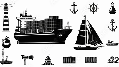 Collection of nautical and maritime transportation icons and symbols.