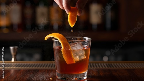 A hand garnishes a dark cocktail in a glass with an orange peel and ice cubes