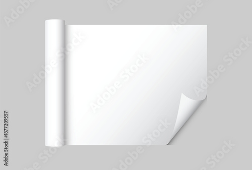 White gift wrapping paper mockup with rolled edge and curved corner isolated on background, clean paper texture for gift wrap design, packaging, branding, print, magazines, catalogs or newspapers.