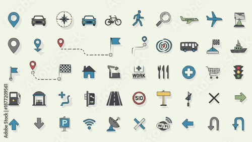 Collection of navigation and travel icons for digital use.