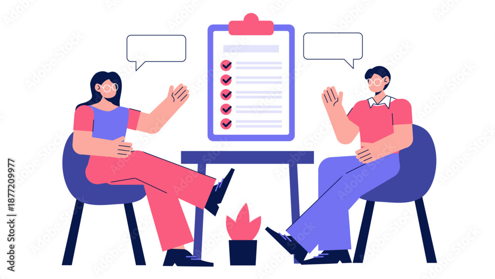 Fototapeta premium Two professionals sitting at a table discussing tasks and checklist with speech bubbles
