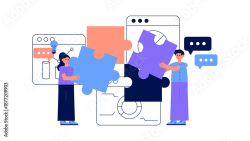 Collaborative business team putting together giant puzzle pieces to find a creative solution for a project