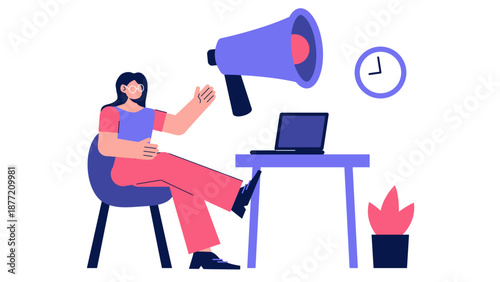 Woman sitting at desk with a giant megaphone representing marketing announcement and public relations