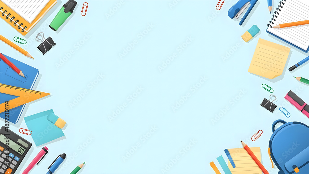 Obraz premium A vibrant overhead view of school supplies and stationery items artfully arranged on a light blue background, perfect for educational or creative themes