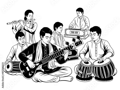 Traditional Indian Musicians Playing Cultural Instruments