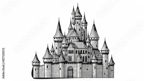 Detailed Medieval Castle Drawing With Towers
