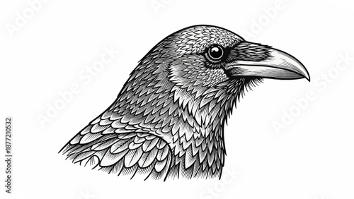 Detailed Black and White Raven