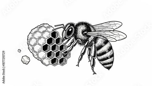 Detailed Ink Drawing of Bee Building Honeycomb