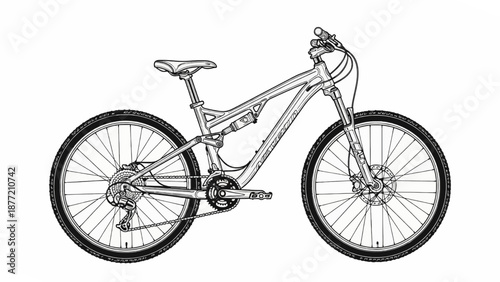 Detailed Line Drawing of a Mountain Bike With Suspension