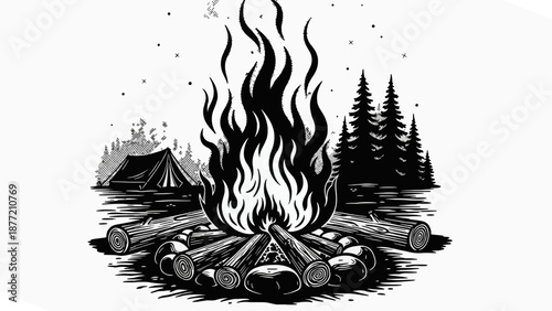 Campfire Burning Near Tent in Forest Setting
