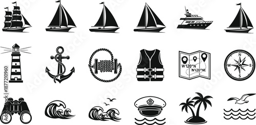 Black silhouettes of nautical icons including sailboats, lighthouse, anchor, compass and maritime equipment, sea travel and ocean navigation vector illustration set, isolated