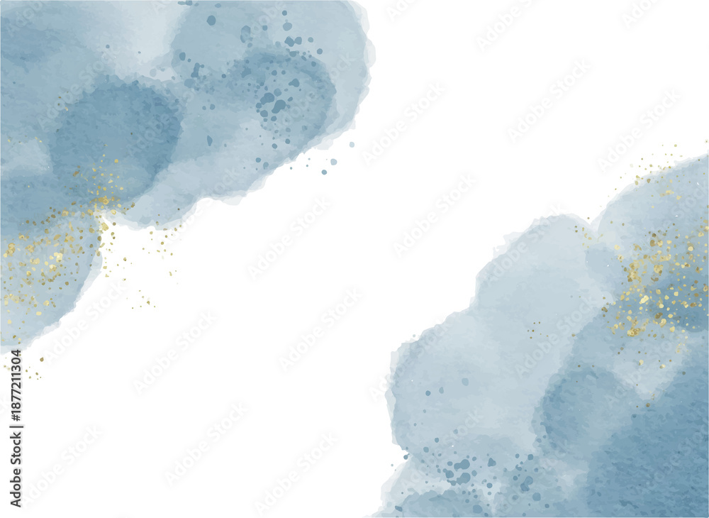 Obraz premium Pastel Blue Watercolor Abstract Background with Glitter Gold Accents for Wedding Invitations and Valentine’s Day Cards