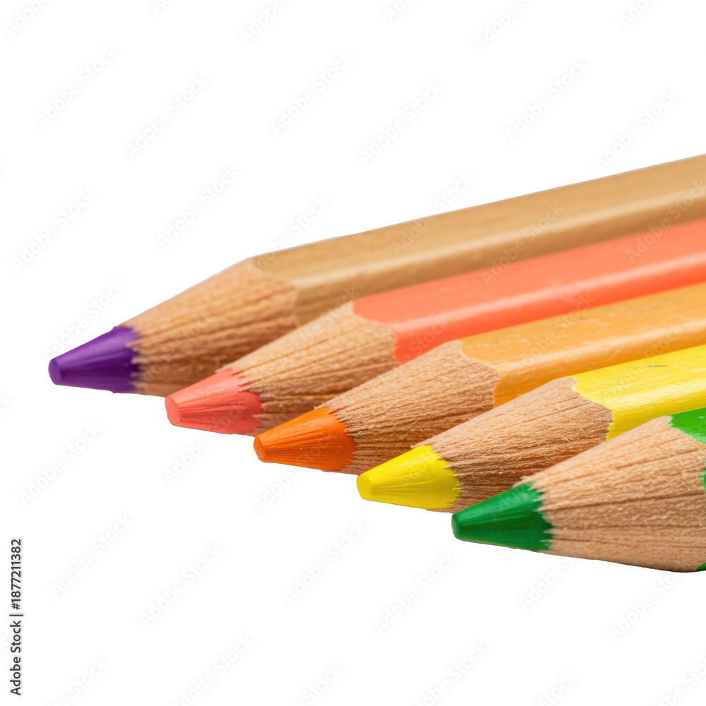 Obraz premium Extreme close-up of six sharpened colored pencils in a perfect row on a white background showing detailed wood grain. Concept of creativity and precision