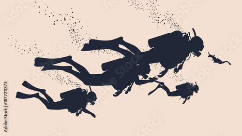 Silhouette of scuba divers underwater with bubbles rising to the surface.