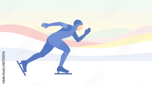 Speed skater in motion on ice rink with colorful background.