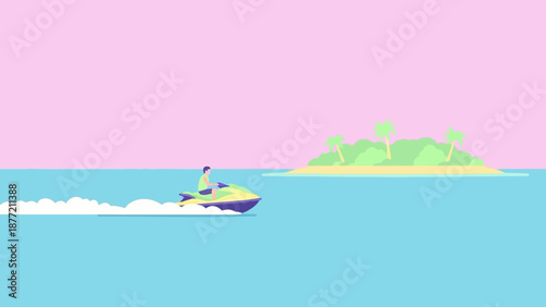 Speedboat sailing near a tropical island with palm trees.