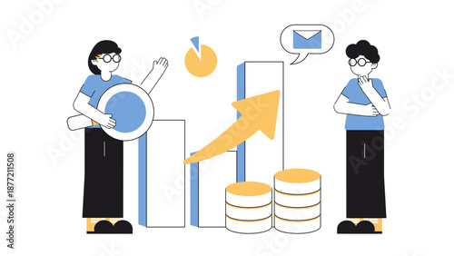 Business partners analyzing a rising bar chart and gold coins while looking for new growth opportunities
