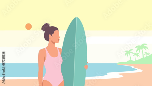 Woman in swimsuit holding surfboard on a sunny beach.