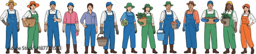 Diverse Group of Professional Farmers and Agricultural Workers Wearing Colorful Overalls Holding Fresh Harvest Baskets and Tools in Flat Vector Illustration