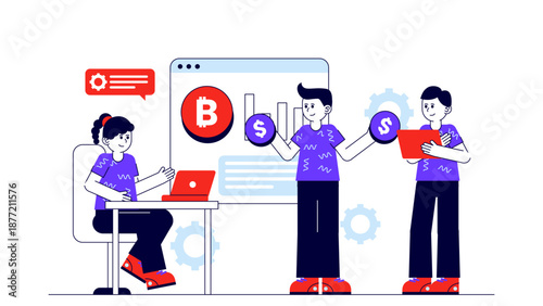 People working on cryptocurrency trading and digital finance platform with bitcoin and dollar symbols