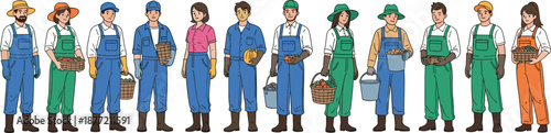 Diverse Group of Professional Farmers and Agricultural Workers Wearing Colorful Overalls and Holding Fresh Harvest Baskets in Flat Vector Illustration