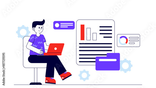 A businessman sitting with a laptop working on digital business documents and data visualization folders