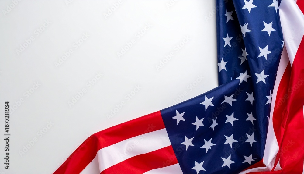 Fototapeta premium A close-up shot of a draped American flag with its red, white, and blue colors and stars, set against a clean white background, symbolizing patriotism and national pride.