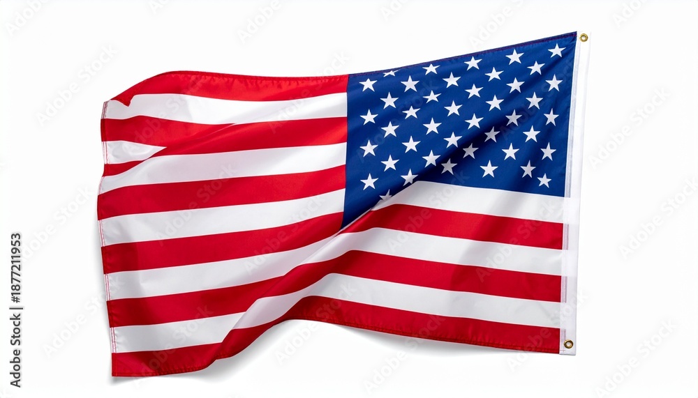 Obraz premium A waving United States of America flag with red and white stripes and blue canton with white stars, against a plain white background.