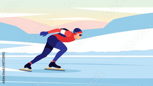 Speed Skater Racing on Frozen Lake with Snowy Landscape.