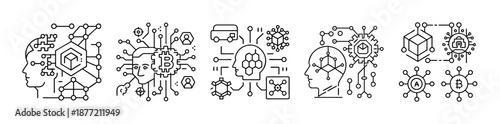 Outline icons for artificial intelligence, blockchain, and decentralized