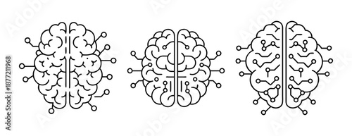 Line art brain illustrations showing neural network connections on white
