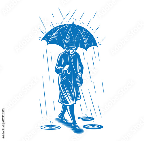 Man in a long coat holding an umbrella on a rainy day with puddles on the ground