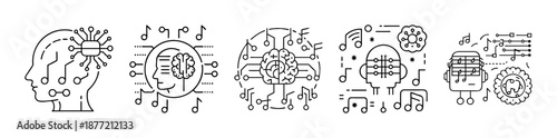 Artificial Intelligence and Music Creation Concepts Line Art Icons Set