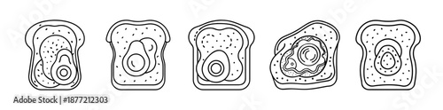 Five minimalist line art illustrations of toast with varied toppings