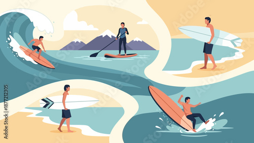 Man paddleboarding on ocean waves in various poses.