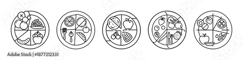 Five outline meal plates illustrating diverse food choices for diet