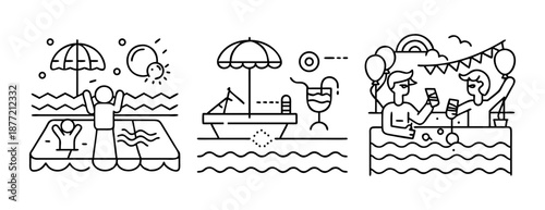 Line art illustrations of summer vacation and beach party scenes on a