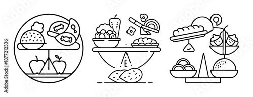 Line art illustrations show various food choices on kitchen balance scales