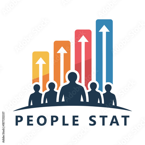 People stat graph with arrows and silhouettes on white background icon