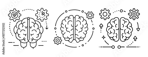 Set of three conceptual line art icons depicting human brains interacting