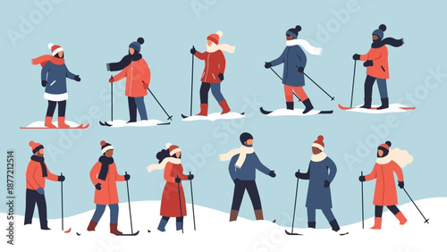 Group of people skiing on snow in winter clothing.